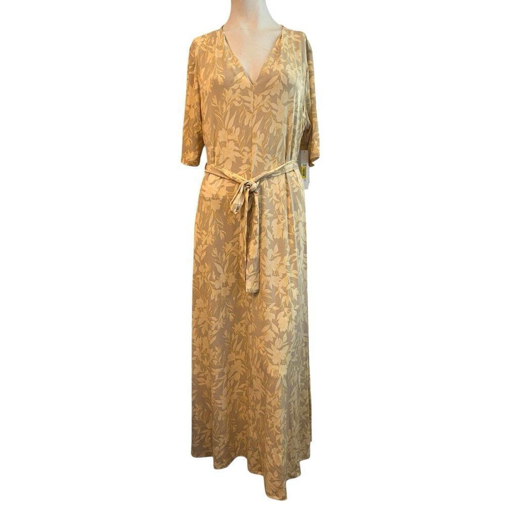 Preston & York Xl Yellow Taupe Floral Knit Stretch Belted Maxi Dress Casual Nwt